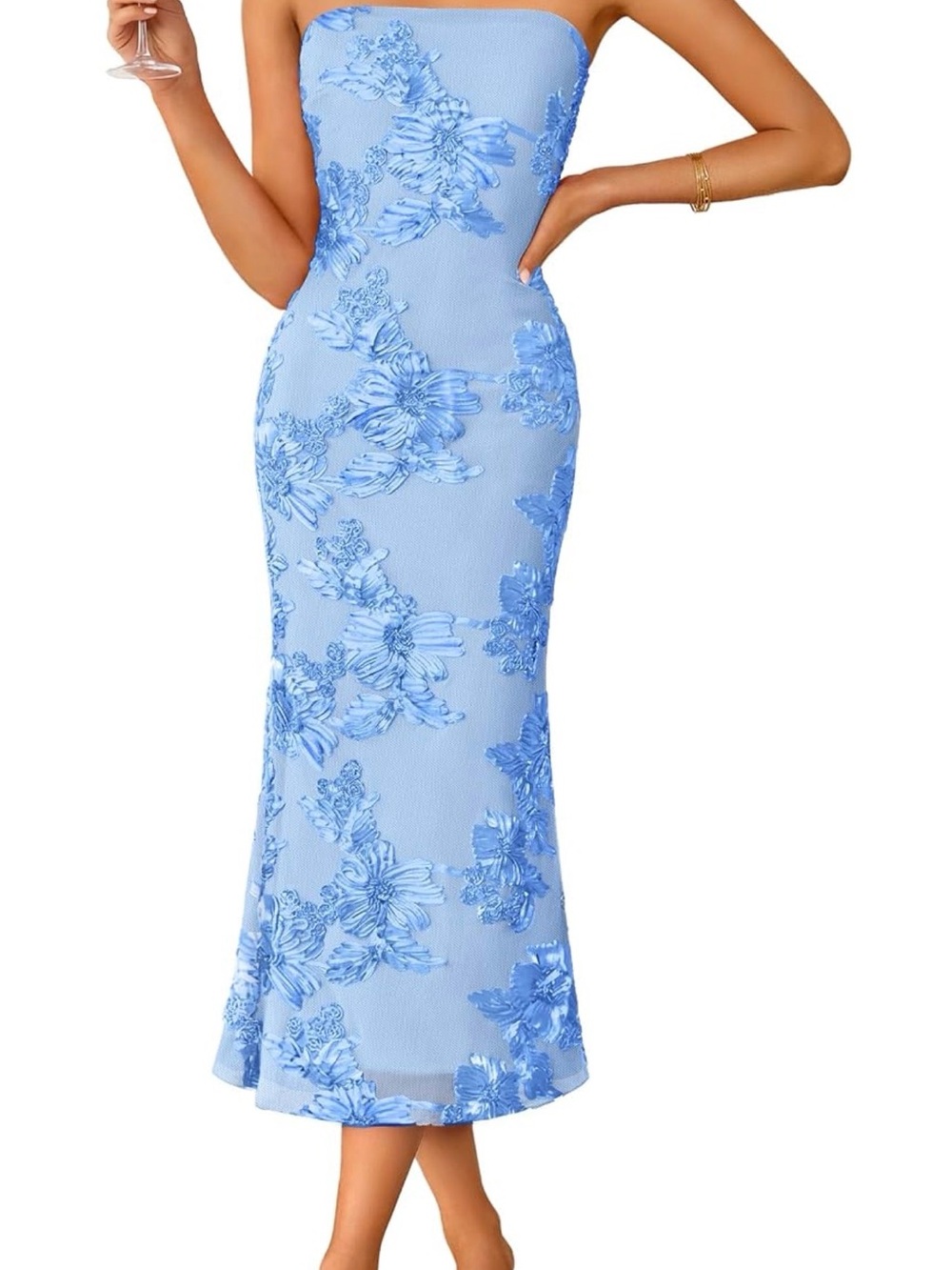 Strapless Light Blue Floral Midi Dress